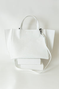 Ampersand as Apostrophe Embossed Leather Half Tote | Bright White Python Cadeau
