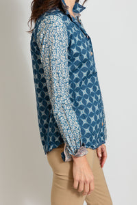 Miki Thumb women's long sleeve button down in cool blue and grey contrasting patterns on liberty london cotton