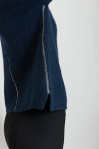 Henry Christ malaga navy mock neck sweater with ethically sourced Mongolian cashmere and silk, contrast stitching and rolled collar with ribbing luxe outerwear for winter and fall