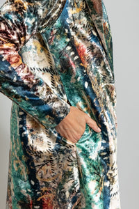 Imported, French Painting Inspired, long A-Line velvet coat with a colorful abstract pattern on the outside, and lined with 100% breathable cotton and side pockets yavi