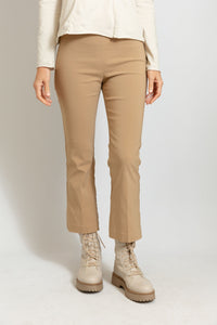 breatheable pull-on Leo Signature Pant with flattering stretch and cropped flared hem in khaki camel by french designer Avenue Montaigne
