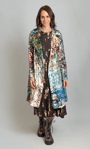 Imported, French Painting Inspired, long A-Line velvet coat with a colorful abstract pattern on the outside, and lined with 100% breathable cotton and side pockets