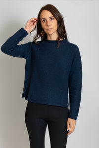 Henry Christ malaga navy mock neck sweater with ethically sourced Mongolian cashmere and silk, contrast stitching and rolled collar with ribbing luxe outerwear for winter and fall 