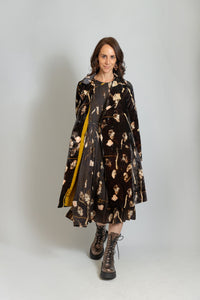 Imported, French Painting Inspired, long A-Line velvet coat with a dried amaranth pattern on the outside, and lined with 100% breathable cotton and side pockets
