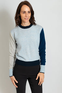 Colourblock Crew pullover 100% mongolian cashmere sweater with contrasting sleeves and flattering mix of cool tones in Blue Mist by Brodie