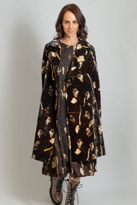 Imported, French Painting Inspired, long A-Line velvet coat with a dried amaranth pattern on the outside, and lined with 100% breathable cotton and side pockets