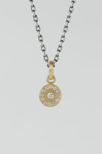 Rene Escobar Ronde Lux Pendant, circular yellow gold 18k gold charm, white diamonds, solid gold bale, handmade charms, ethically and responsibly sourced