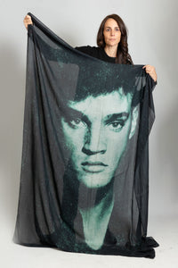 oversized and light weight museum quality printed shawl made of Italian Cashmere by Printed Artworks featuring a large blue and green portrait of Elvis