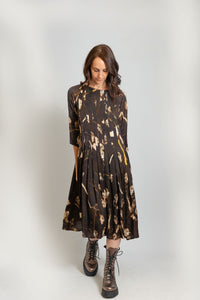 Dried Amaranth darted midi-dress for fall, with 3/5 sleeves, pleated skirt, and made of 100% Cupro and machine washable, woman-owned and imported fashion
