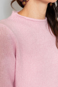 Henry Christ artisanal Mongolian cashmere and silk sweater in Venice Pink with rolled collar and wide knit, high quality, ethical and luxe fall fashion