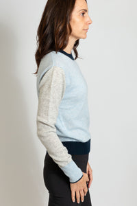 Colourblock Crew pullover 100% mongolian cashmere sweater with contrasting sleeves and flattering mix of cool tones in Blue Mist by Brodie