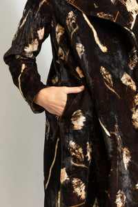 Imported, French Painting Inspired, long A-Line velvet coat with a dried amaranth pattern on the outside, and lined with 100% breathable cotton and side pockets yavi