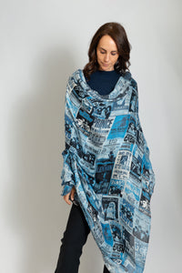 oversized and light weight museum quality printed shawl made of Italian Cashmere by Printed Artworks featuring an all over print of vintage and iconic ticket stubs from famous rock concerts
