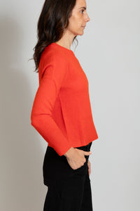 Bright red Chilli Jam pullover 100% grade a Mongolian cashmere paloma sweater by brodie with thin ribbed detailing at hem
