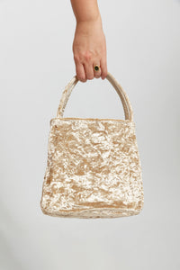 Zilla Medium Vicky Bag, with both hand straps and an attached crossbody strap, in a light brown structural crushed velvet