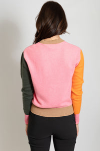 Colourblock Crew pullover 100% mongolian cashmere sweater with contrasting sleeves and flattering mix of warm tones in Magenta Orange by Brodie