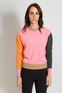 Colourblock Crew pullover 100% mongolian cashmere sweater with contrasting sleeves and flattering mix of warm tones in Magenta Orange by Brodie