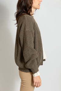 Easy 100% organic Cotton Cardigan with pockets, and open front, and thick knit ribbing in olive green by It Is Well L.A.
