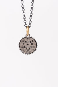 Small Round Diamond and 18K Gold Ruche Maltese Pendant, Mixed Metal and Diamond Round Charm with Gold Bale and "Amor" engraving on the back by Erica Molinari