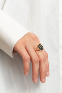 Miles McNeel 14k Yellow Gold Night Sky Crescent Moon Embossed Signet Ring with Two White Diamonds and blackened concrete backing