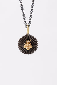 small circular two sided erica molinari baby bee pendant in mixed metals (oxidized silver and gold) and white diamonds
